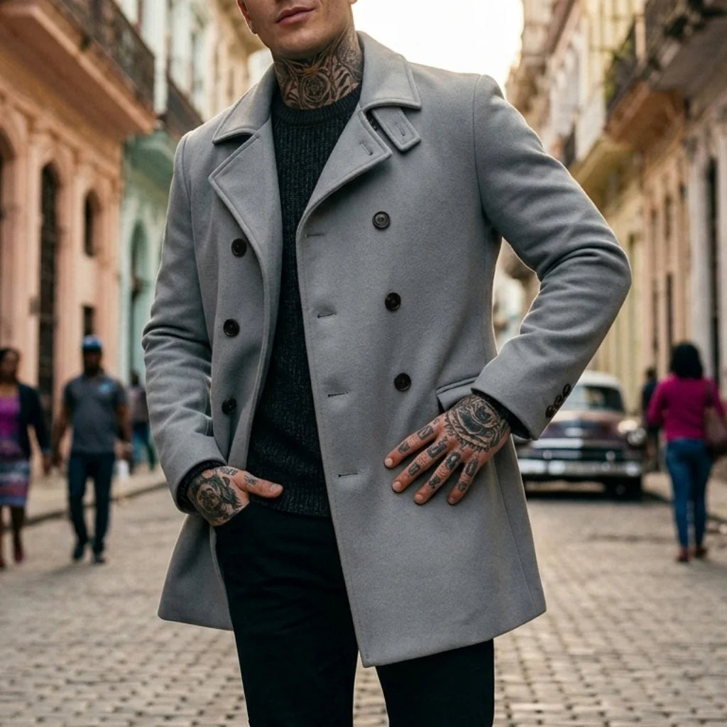 New Winter Men's Wool Blends Double-Breasted Knee-Length Trench Coat - Windproof Casual Street Long-Length Outerwear for Men