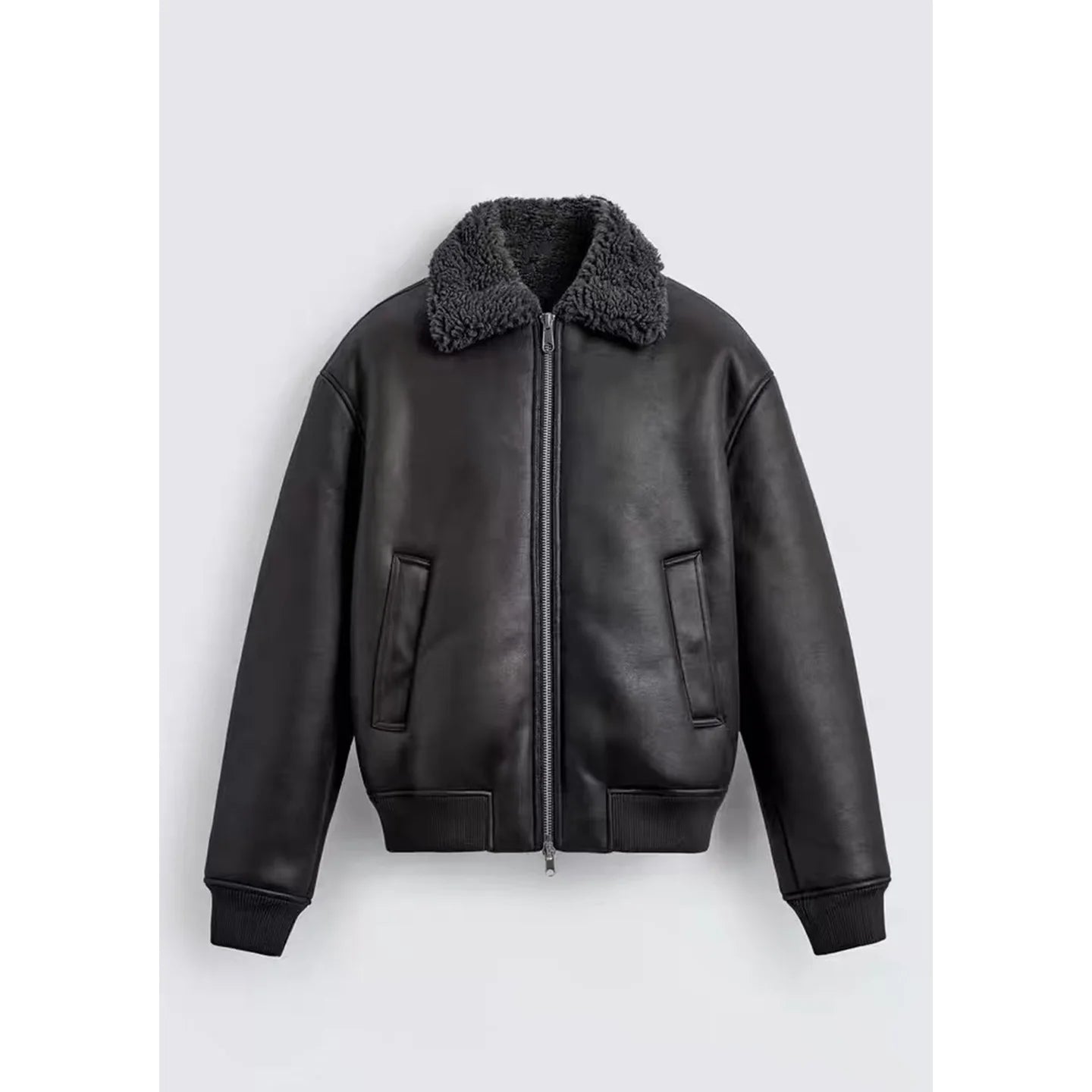 Loose Double-Sided Leather Effect Jacket Men's Casual Style Long Sleeve Zipper Closure Pure Color HMZR Autumn Winter New Arrival