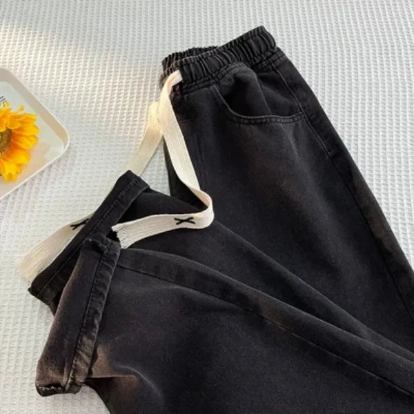 Thickened Fleece Straight Leg Jeans Women Winter New Small Size Wide Leg Cotton Elastic Waist Autumn Winter Pants