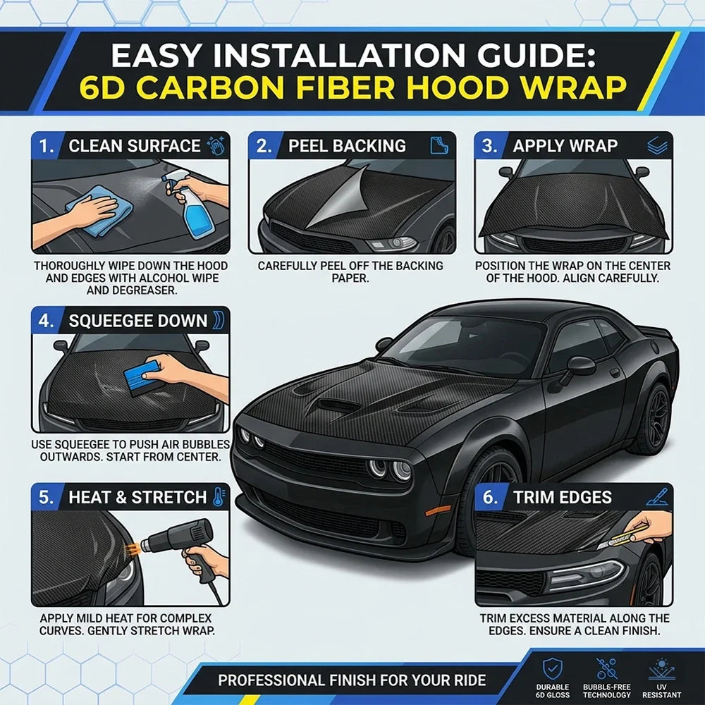 6D Carbon Fiber Black DIY Car Hood Bonnet Wrap Film Waterproof Paint Protection Film Anti-Scratch Wrap Cover Tuning Accessories