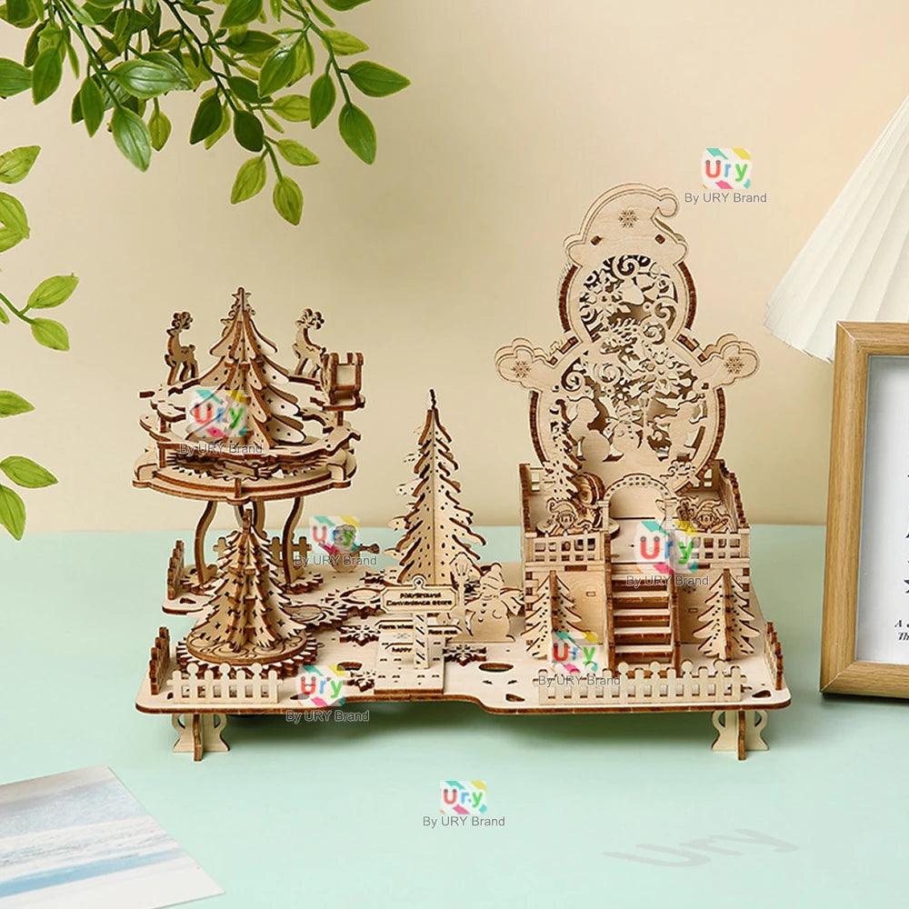 3D Wooden Puzzle Christmas Amusement Park Deer Carriage Music Box with Light Assembly Toy DIY Model Decoration for Gifts