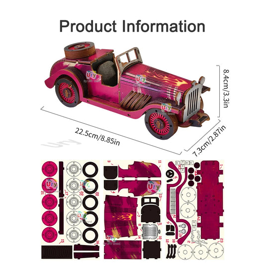 Ury 3D Wooden Puzzle Colorful Retro Vintage Car Classic Nostalgic Movie Vehicle Assembly Model DIY Decoration Gift Toy for Adult