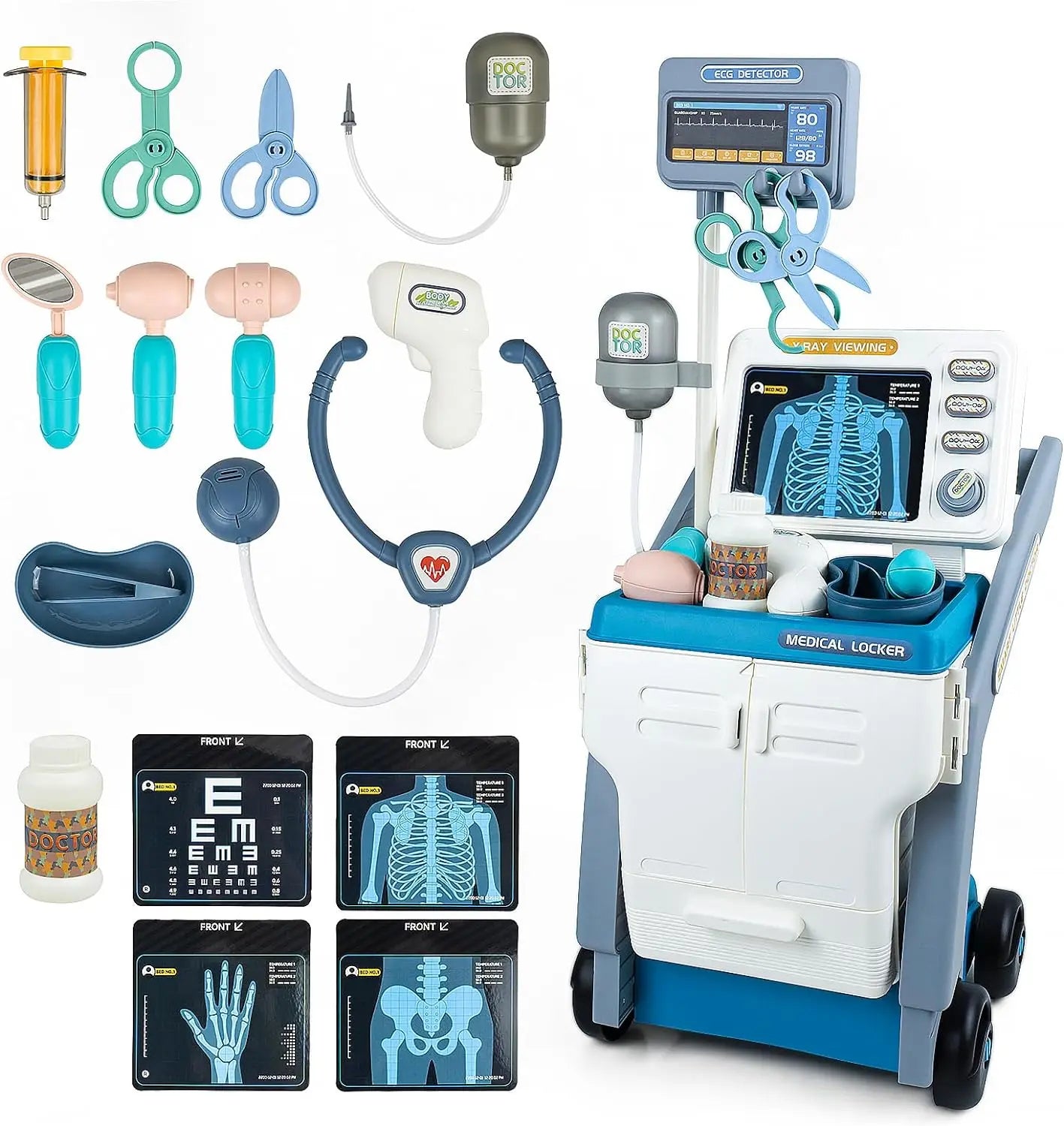 Doctor Toy Set for Kids Pretend Play Medical Trolley Kit with Stethoscope Simulated ECG Machine Doctor Role Play Tools Gift
