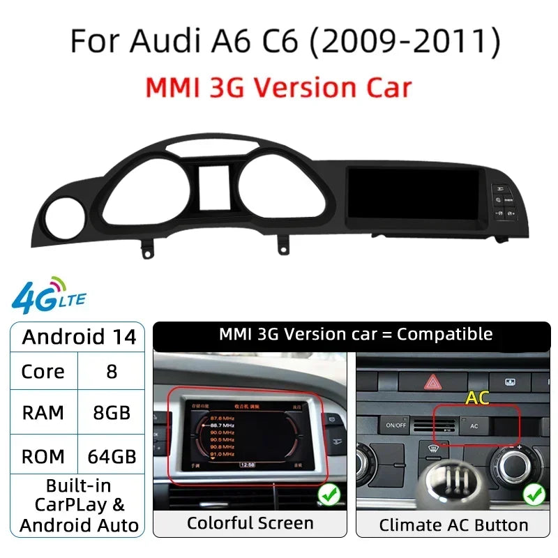 Android 14 Auto Radio CarPlay For Audi A6 C6 4f For Audi Q7 4L 2005-2015 MMI 2G 3G GPS Car Multimedia Player Navi Stereo DSP