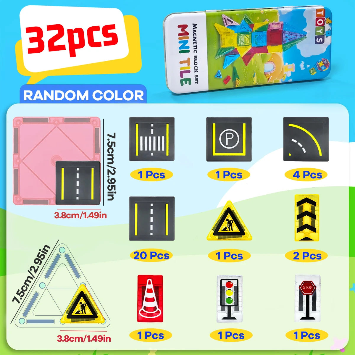 Magnetic Road Construction Set Toys For Kids Gift Magnetic Building Blocks Montessori Educational Toys 32/58PCS With Iron Box