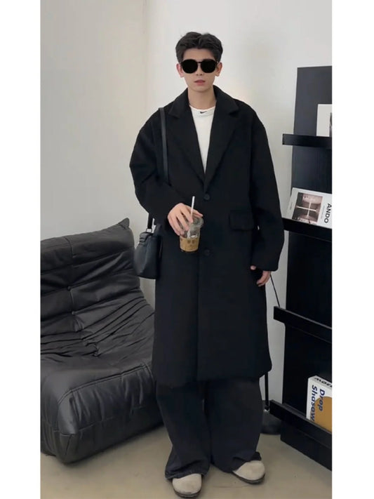 Thickened Mid-Length Woolen Men's Coat Black Intellectual Style Korean British Fashion Winter Outerwear Warm Long Sleeve Coat