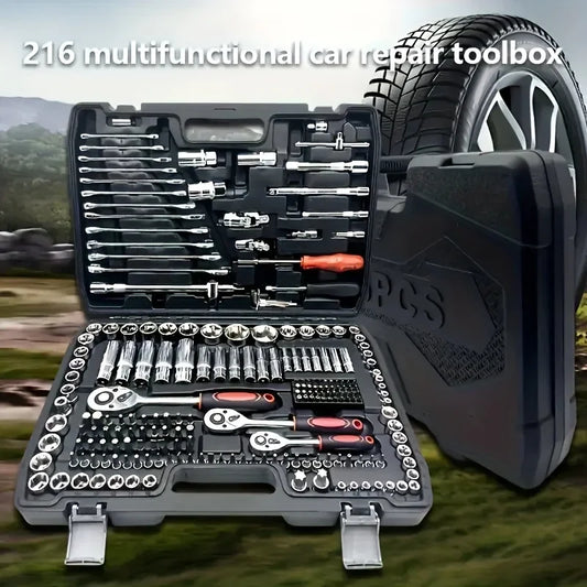 216-Piece Professional Socket Set 1/2' 3/8' 1/4' Drive SAE & Metric with 72-Tooth Ratchet for Automotive And Home Repair.(1SET)