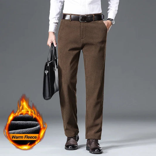 Winter Fleece Warm Corduroy Pants Men's Brown Classic Loose Business Straight Casual Trousers Thicken Warm Plush Velvet Clothes