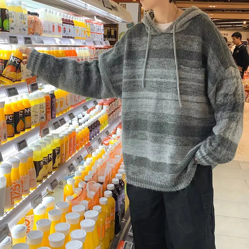 Color matching sweater in autumn and winter Men's China-Chic lazy retro loose striped hooded knitting INS casual versatile coat