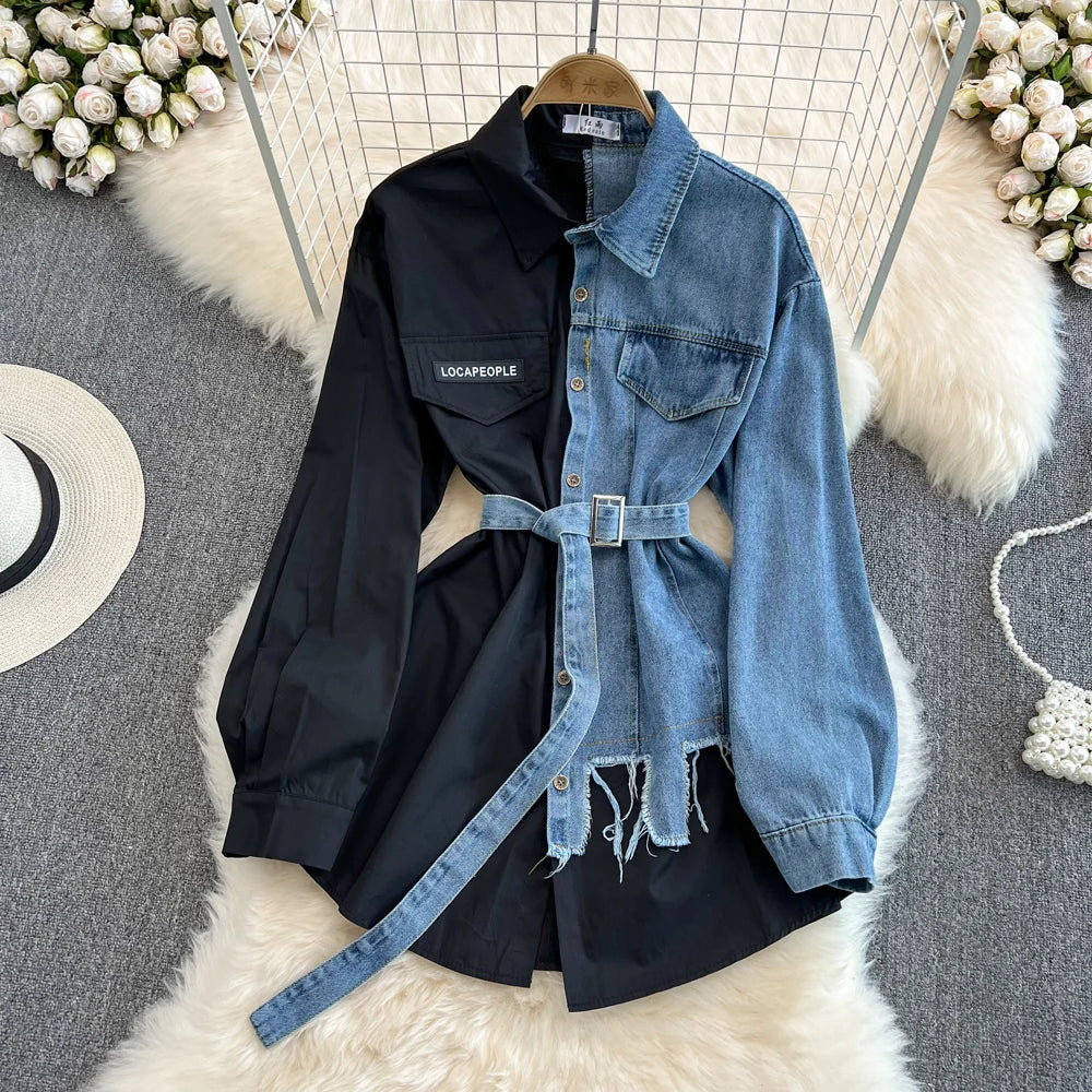 Retro Hong Kong Sle Casual Mid-Length Women's Denim irt with Belt Spring New Faion Chic Loose Fit Pure Color Collar