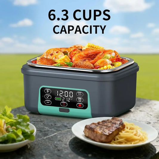 Portable 1.5L Electric Lunch Box - 6.3 Cups, 100W Rechargeable, Smart Heating Food Warmer with Removable Divider, Spoon, BPA-Fre