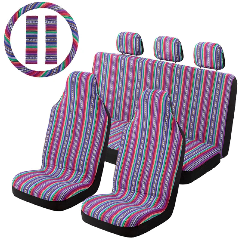 AUTOKING Striped Car Seat Covers Full Set with Seat Belt Pads Steering Wheel Cover Universal Washable Seat Covers for Cars