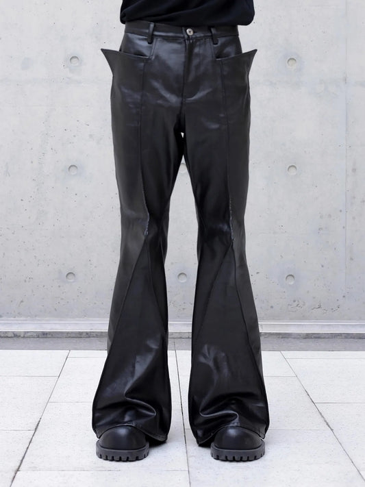 Mauroicardi Autumn Long Black Waterproof Hard Pu Leather Flare Pants Men Cool Luxury Designer Clothes Streetwear Runway Fashion