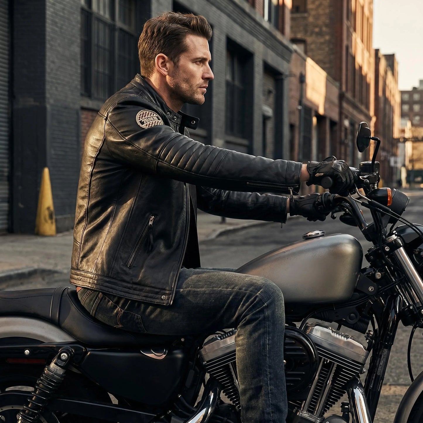 Genuine Cowhide Leather Biker Jacket Men's Slim Fit Short Motorcycle Coat Embroidery