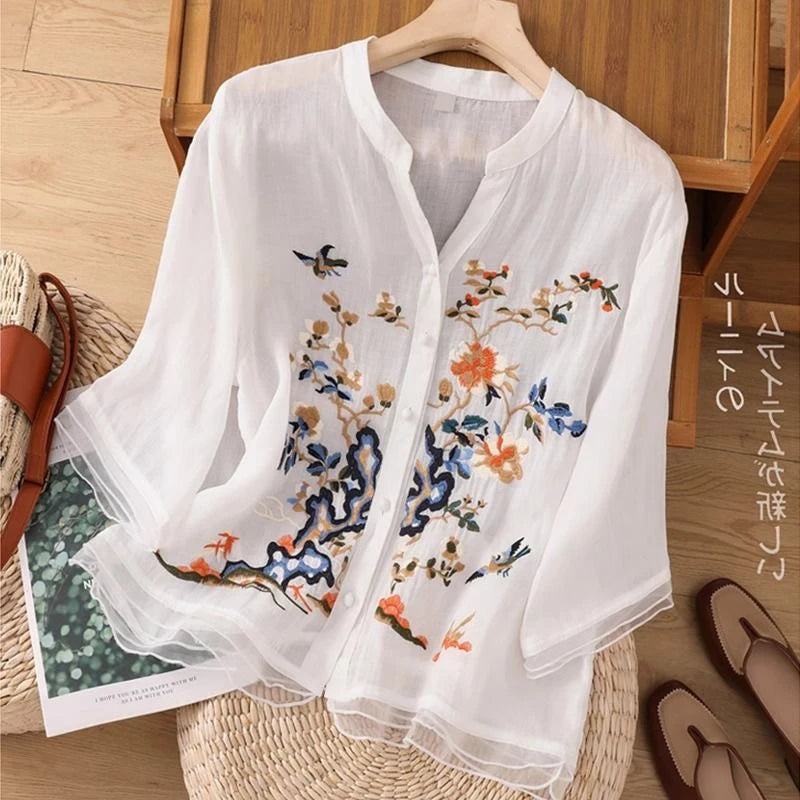 Large Size Mom Embroidered irt Women's Spring New Cotton Linen irt High End f Sve Seven Sve Women's Top