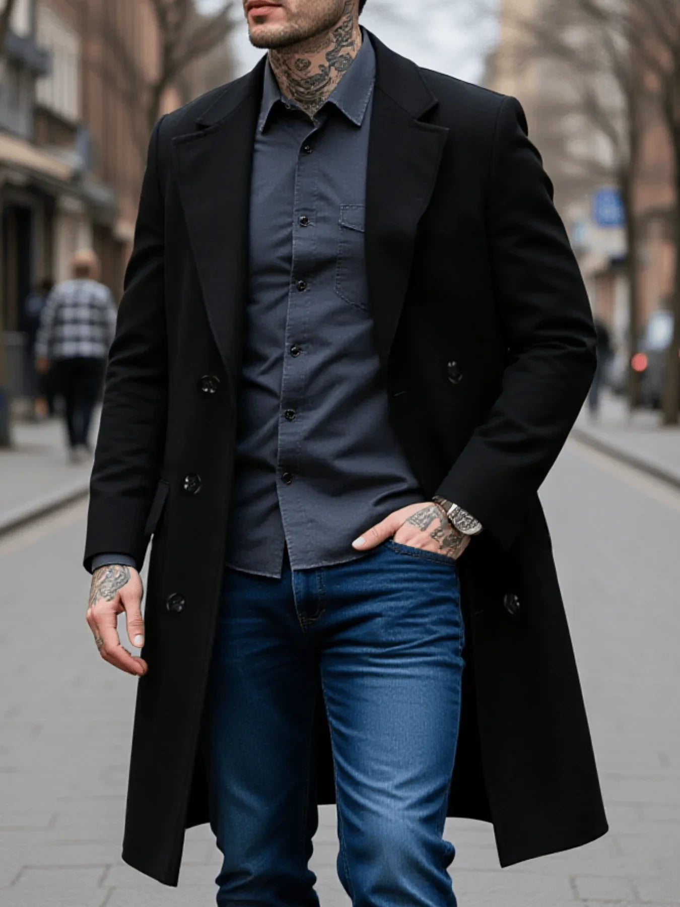 New Style Men's Overcoat Double-Breasted Woolen Jacket: Thickened Lined Coats For Winter Chill Protection - Solid Color
