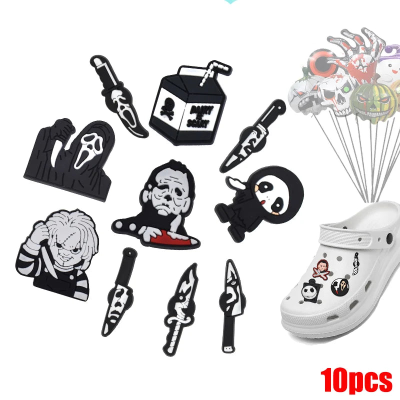 6-100pcs Halloween Black and White Classic PVC Shoes Charm Alligator Charm Accessories Fit Bracelet Boys Girl Xmas party gifts