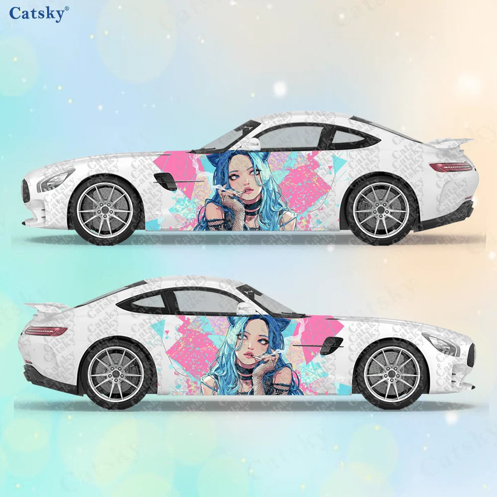 2pcs Neon Color Cat Girl Stickers, Suitable for Cars and Trucks, Durable, Fade-resistant, Install and Remove Car Vinyl Wrap