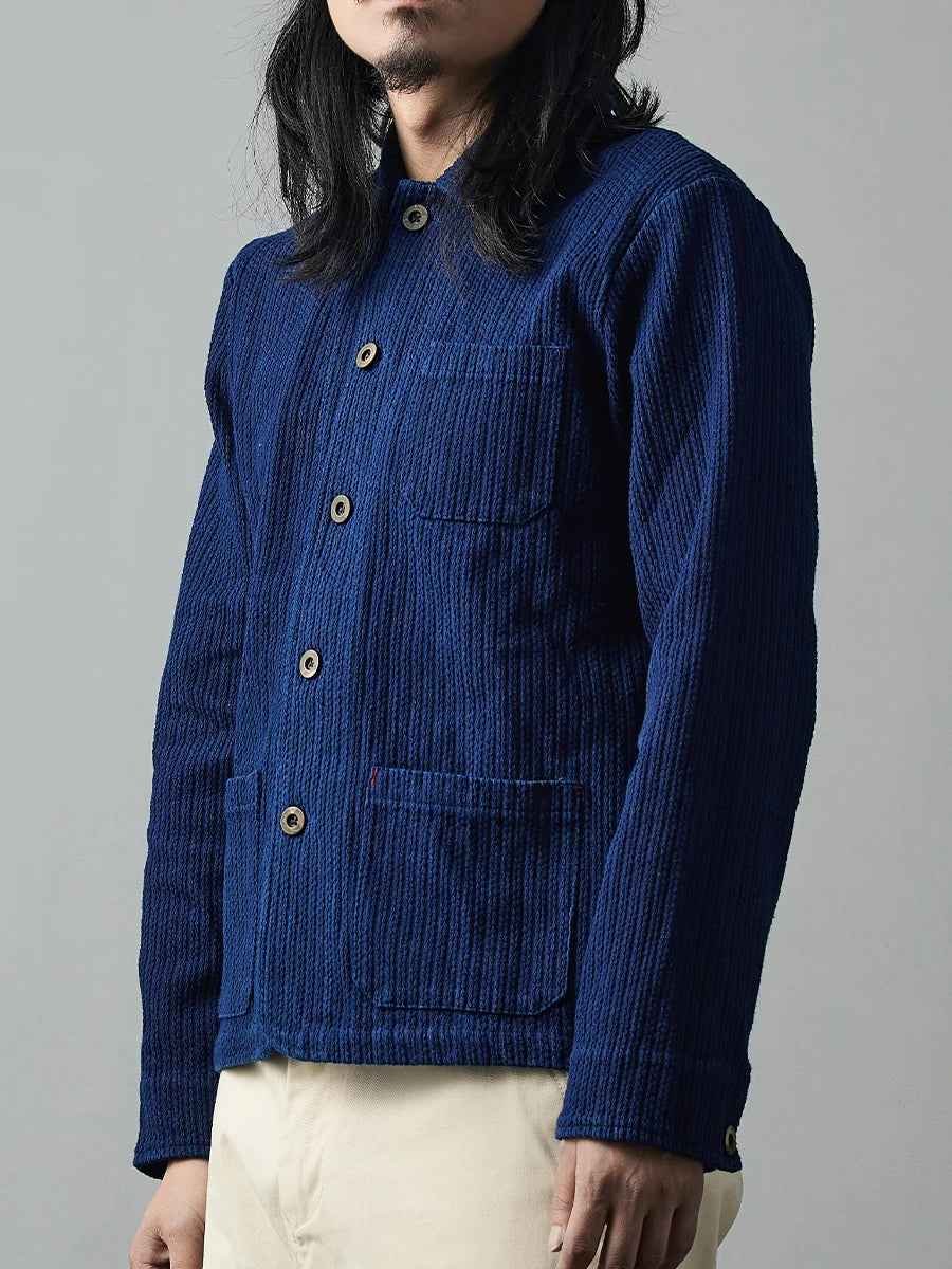 Indigo Handmade Plant Blue Dyed Jacket Casual Versatile French Work Jacket Sashiko Long-Sleeved Jacket