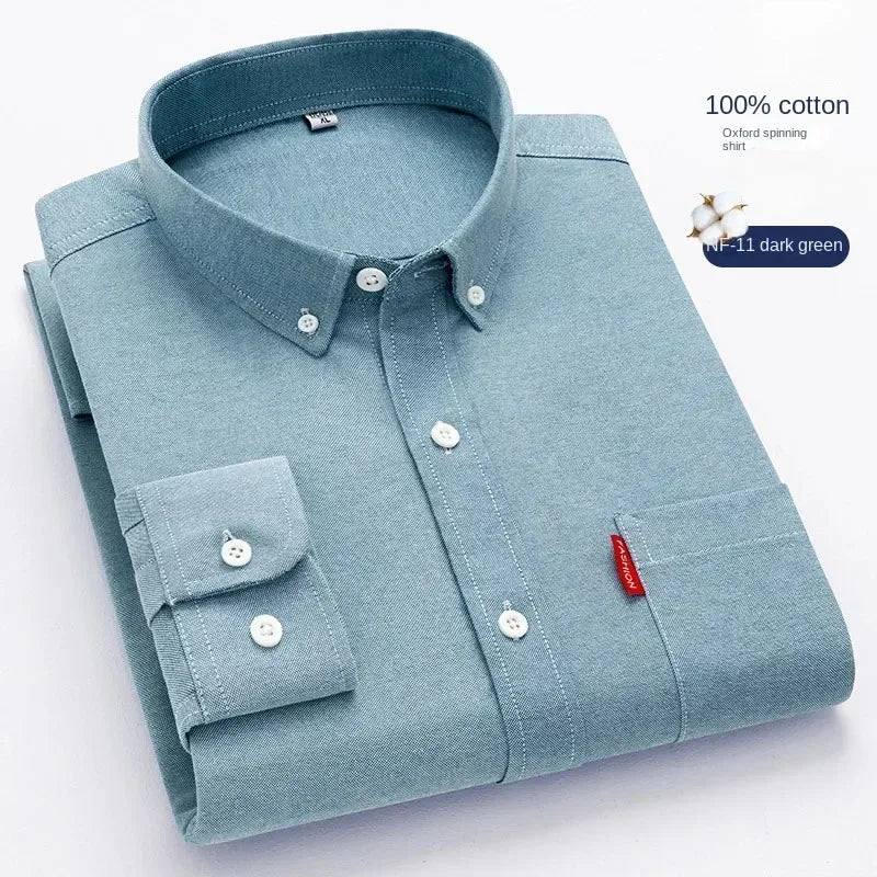 100% Pure Cotton Men's Solid Color Long Sleeve Shirt Youth Casual Cotton Oxford Spun Large Size Shirt Men's