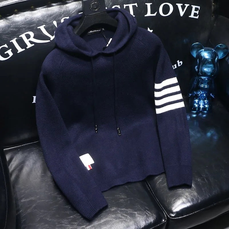 2025 Spring and Autumn New Fashion Trend Thickened Warm Striped Hooded Sweater Men's Casual Loose Sports High Quality Knitwear