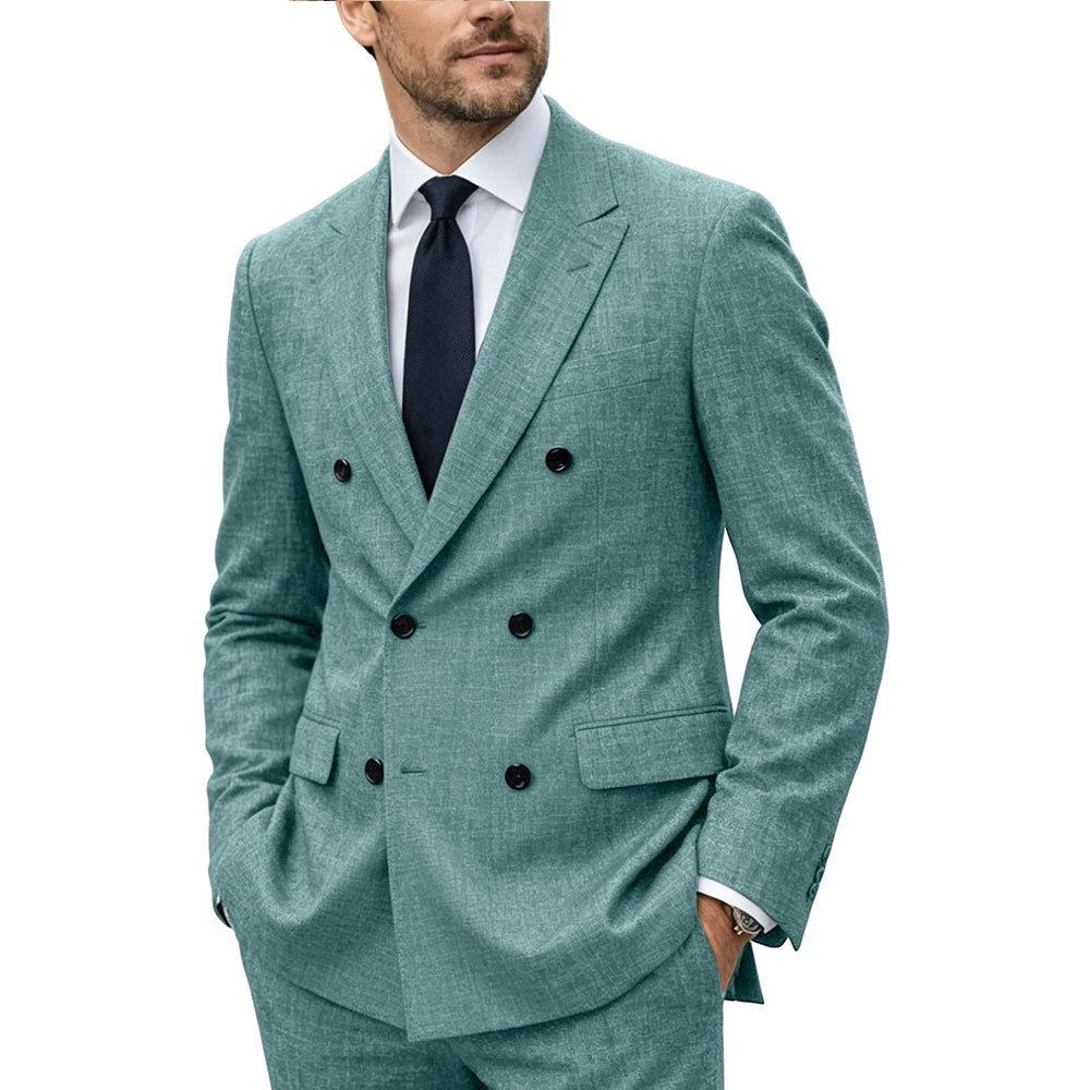Men's Linen Suit Set Double Breasted Slim Fit Peak Lapel Formal Blazer Pants Breathable Business Wedding Groom Tuxedo