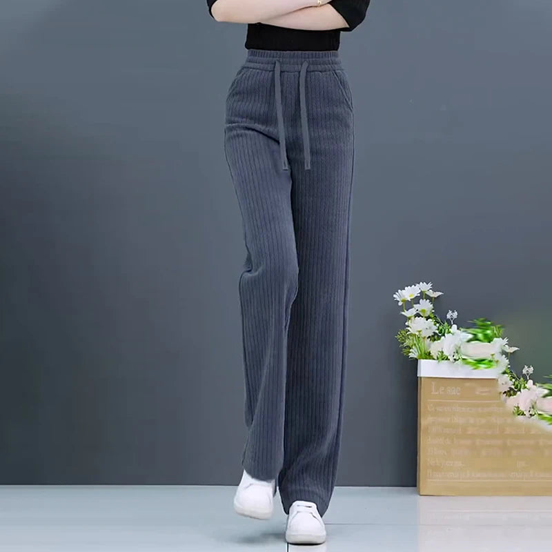 Thickened Fleece Wide Leg Pants Women's Casual Straight Cut Trousers Autumn Winter New Style High Waist Cotton Elastic Waist