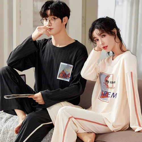 2023 New Cartoon Cute Pajamas Set for Couples Cotton Long Sleeves Sleep Top & Long Pant Spring Nightwear for Men and Women Pjs