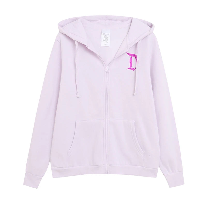 Loose Fit Fleece Lined Zipper Hoodie Women's Cartoon Anime Letter Embroidery Slimming Outerwear Comfortable Spring Cardigan