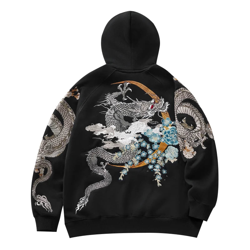 Heavy Embroidery Hooded Sweatshirt Zhurong Double Dragon Men Women Autumn Winter Casual Breathable Zipper Closure Hoodie