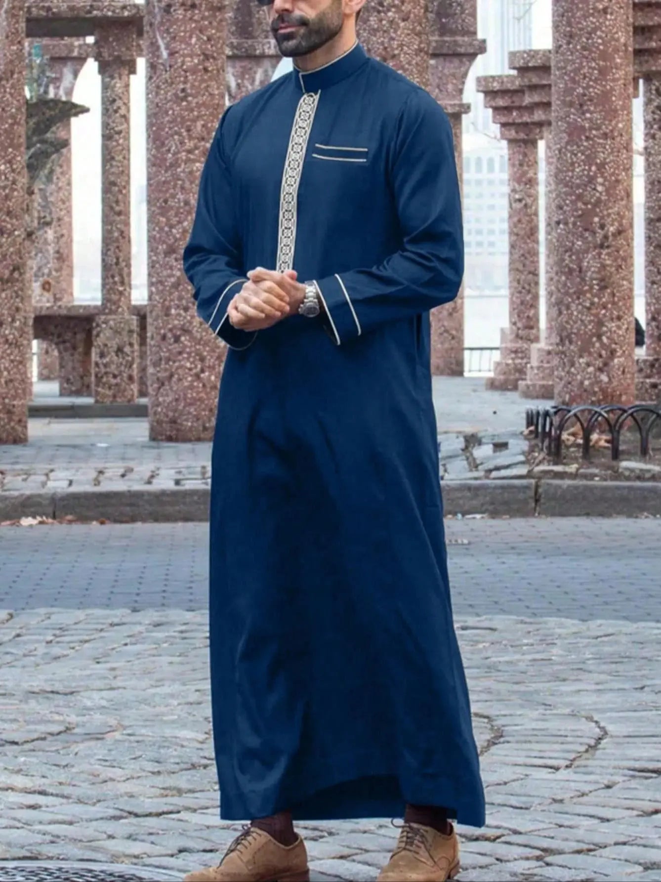 Islamic Muslim Arabic Casual Men's Abaya Long Sleeve Embroidered Stand Collar Arabic Abaya Men's Traditional Clothing