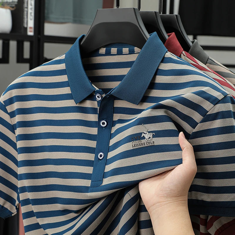 Spring New Men's Collar Polo Shirt Striped Cool Breathable T-shirt Base Shirt