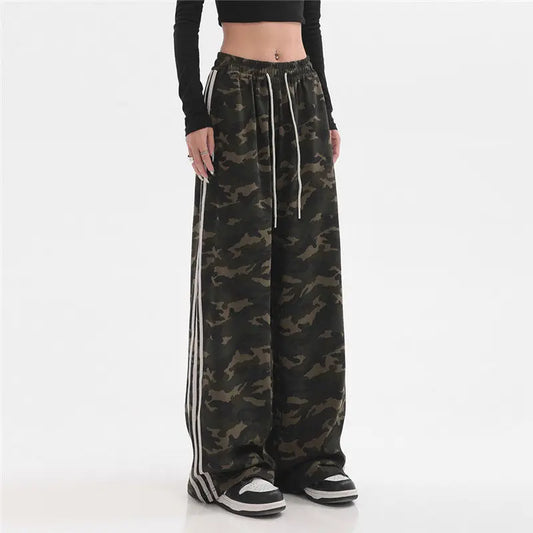 Hip Hop Vintage Camouflage Striped Jogging Sweatpants Women Streetwear Oversize Elastic Waist Wide Leg Casual Sports Trousers