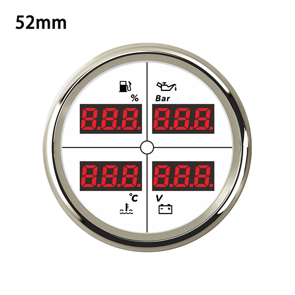 ELING Digital 52mm 85mm Car 4 in 1 Multifunction Gauge with Fuel Level Oil Pressure Water Temp. Voltmeter and 8 Colors Backlight