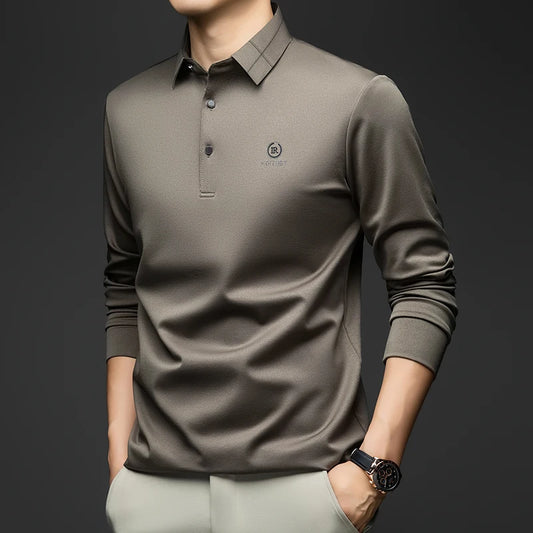 BROWON Polo Shirt for Man 2026 Spring Autumn Men Long Sleeve Polo Shirts Casual Loose Turndown Collar Wool Tops for Man Clothing