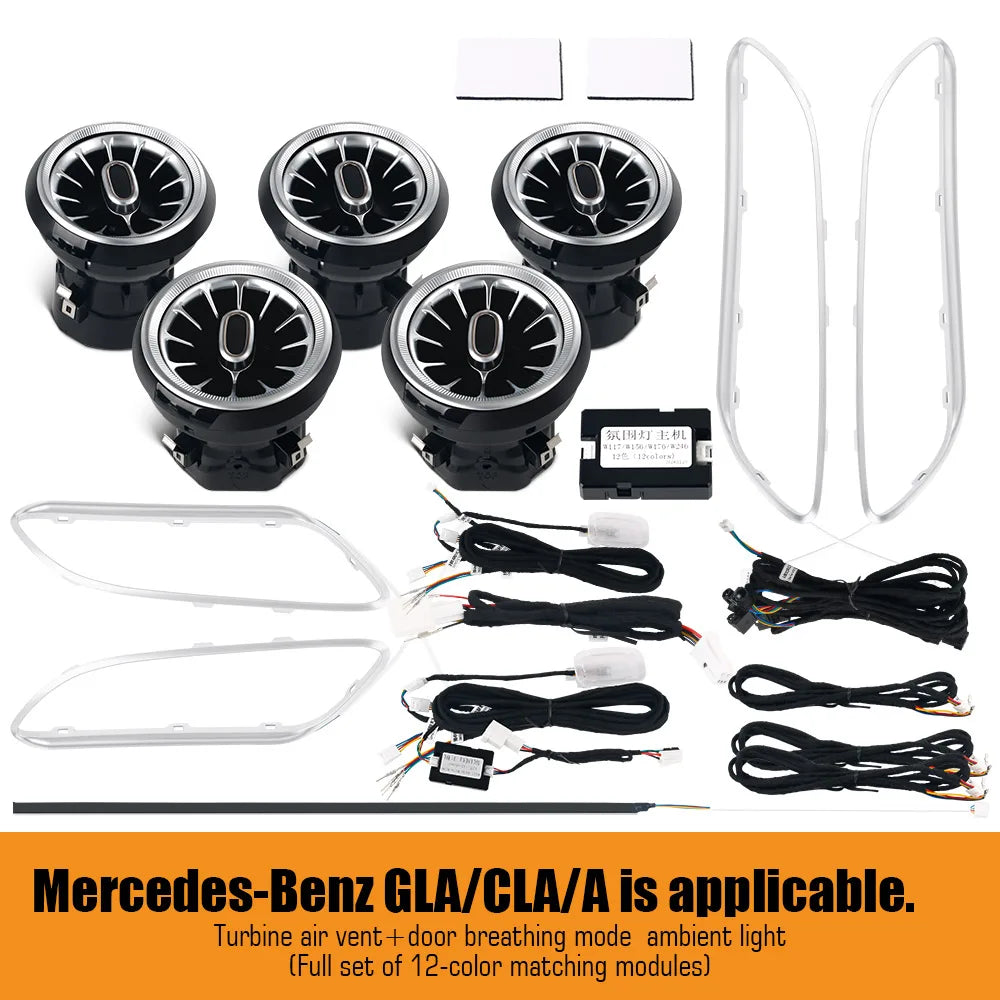 For Benz W176 W117 W156 A CLA GLA 12/64 Colors Ambient Lights Turbine Air Vent Lamps Dashboard Door Lighting Kit Car/App Control