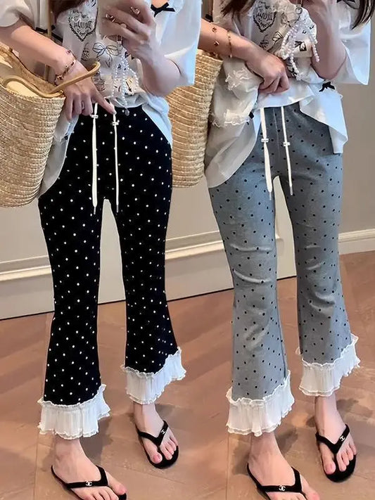 High Waist Lace Trim Bell Bottom Pants Women Summer 2026 New Style Slim Fit Small Size Nine Point Straight Micro Flared Polka...