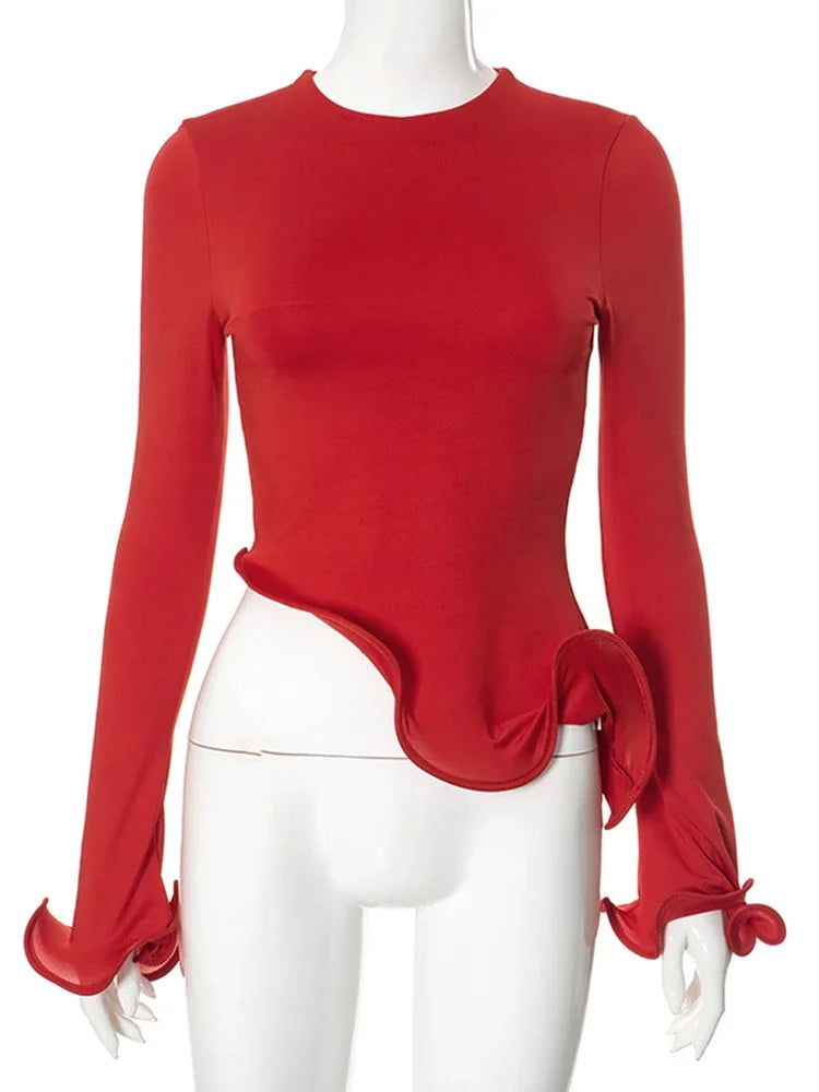 Trendix Slim Long Sleeve Ruffle Tshirts Women Fashion Patchwork Solid Asymmetry T-shirts Ladies 2024 Fashion Y2k Solid Top Femme