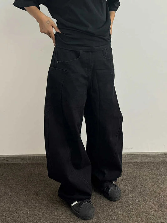 Black Large Pocket Men's Jeans Spring Autumn Loose Knife American High Street Trend Casual Workwear Long Pants