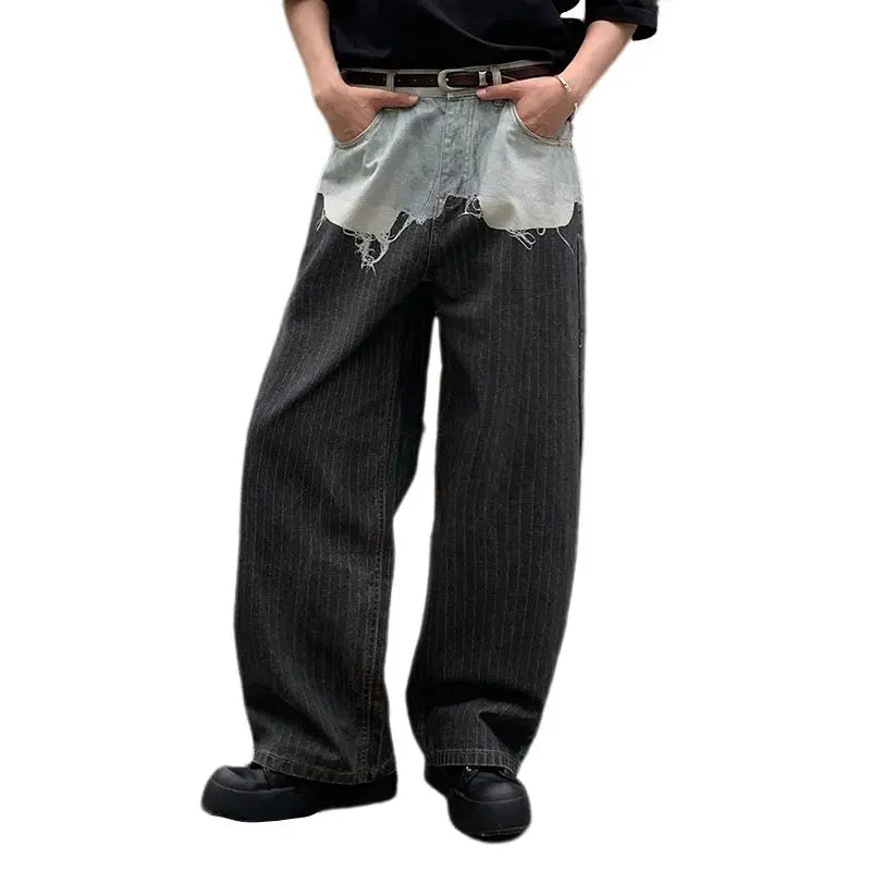 AC-style loose straight-leg jeans with patchwork, 3D printed fake two-piece jeans for men