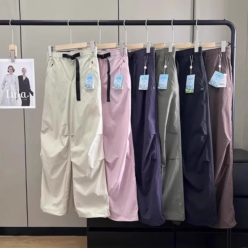 Lightweight Breathable Quick-Dry Paratrooper Pants Women's Casual Loose Fit Sunscreen Waist Cord Trousers Korean Style High W...