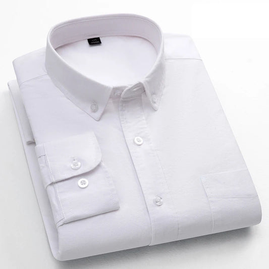 Classic Fit Fashion 100% Cotton Long-Sleeve Shirt for Men Single Pocket Slim Fit Casual Top Soft Oxford Solid Color Office Cloth
