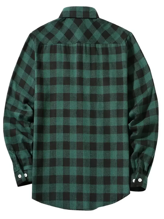 LVLAEA Plaid Pattern Men Fall Winter Buttonup Streetwear Long Sleeve Lapel Collar Pocket Decoration Trendy Y2K Tated Shirt for M