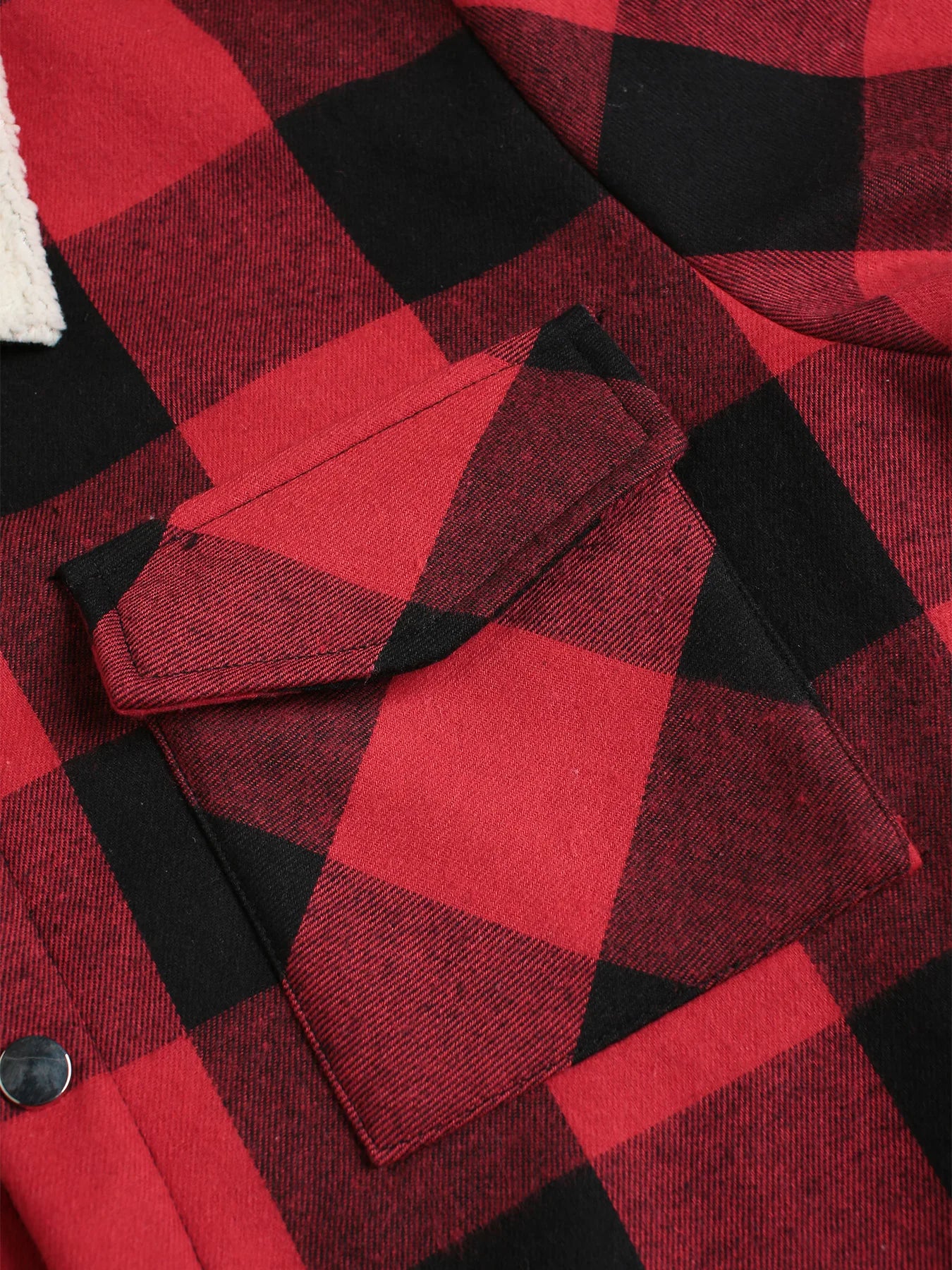 Men's Red Black Plaid Fleece Collar Flannel Shirt Jacket Autumn Winter Thick Warm Casual Coat