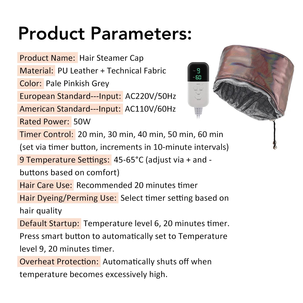 Hair Steamer for Deep Conditioning 9-Level Thermal Heat Cap Home Electric Portable Nourish Hair Mask Hat Thickened PE Bonnet