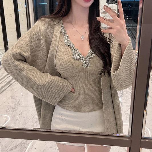 Korean Dongdaemun Rhinestone Knit Crop Top Sexy Slim Fit Versatile Solid Color Camisole Fashion Short V-neck Knitted Tank Tops