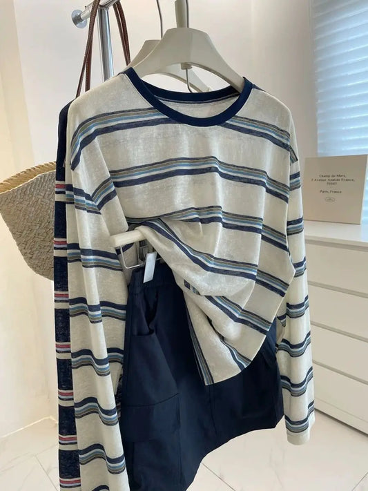 plus Size Women's Striped Long Sleeve T-Shirt Summer New Style Slimming Meat Covering Casual Loose Fit Printed Sweat Wicking