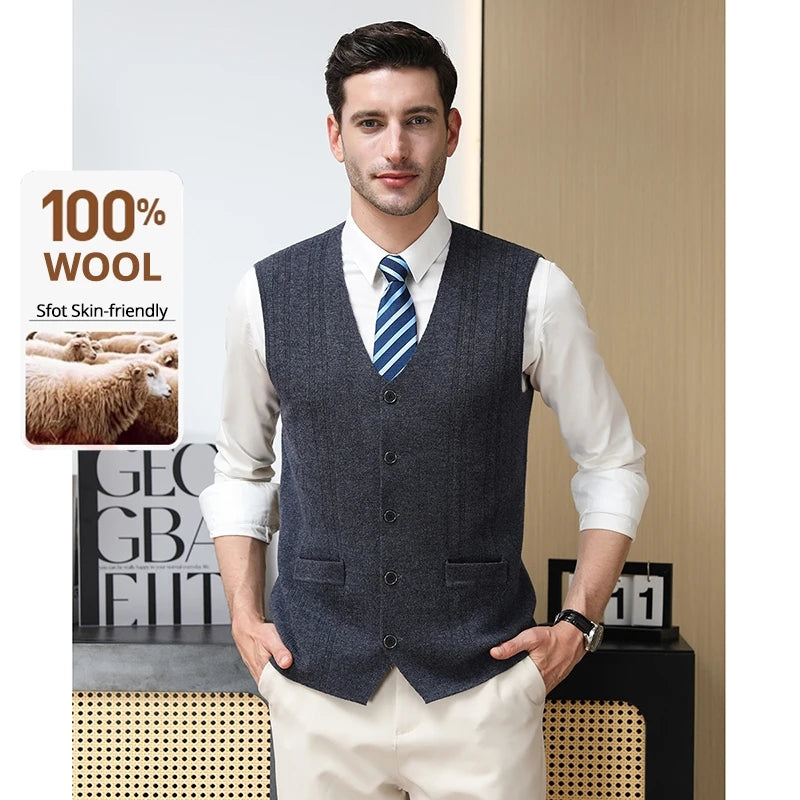 High End 100% Wool New Autum Winter Fashion Brand Knit Cardigan Slim Fit Sweater Vest V-neck Sleeveless Casual Mens Clothing