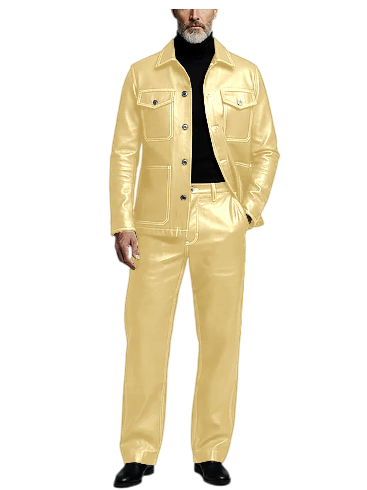 Men's 2 Piece PU Leather Suit Set Multi Pocket Shirt Collar Trucker Jacket Straight Leg Pants Business Casual Streetwear Outfits