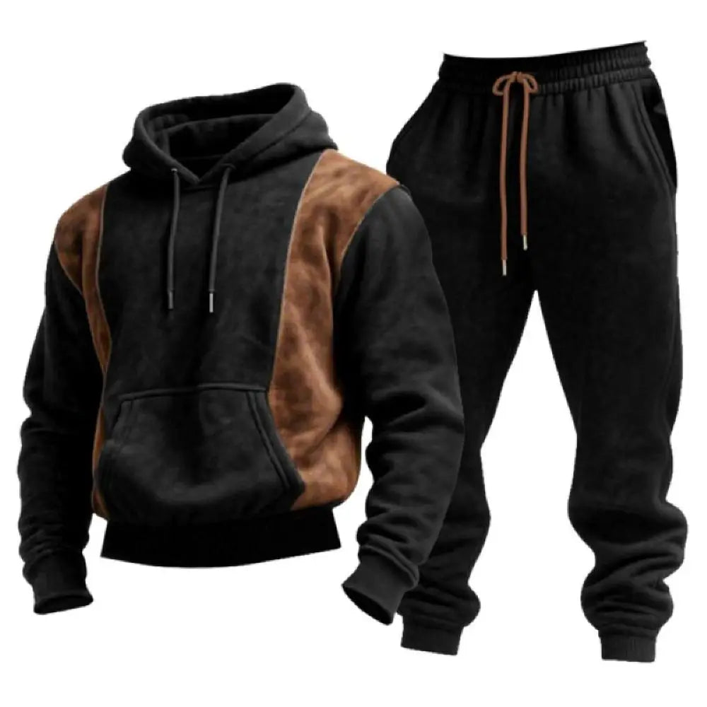 Men's Vintage Army Green Stitching Brown Suede Pocket Hoodie and Sweatpants Jogger Set